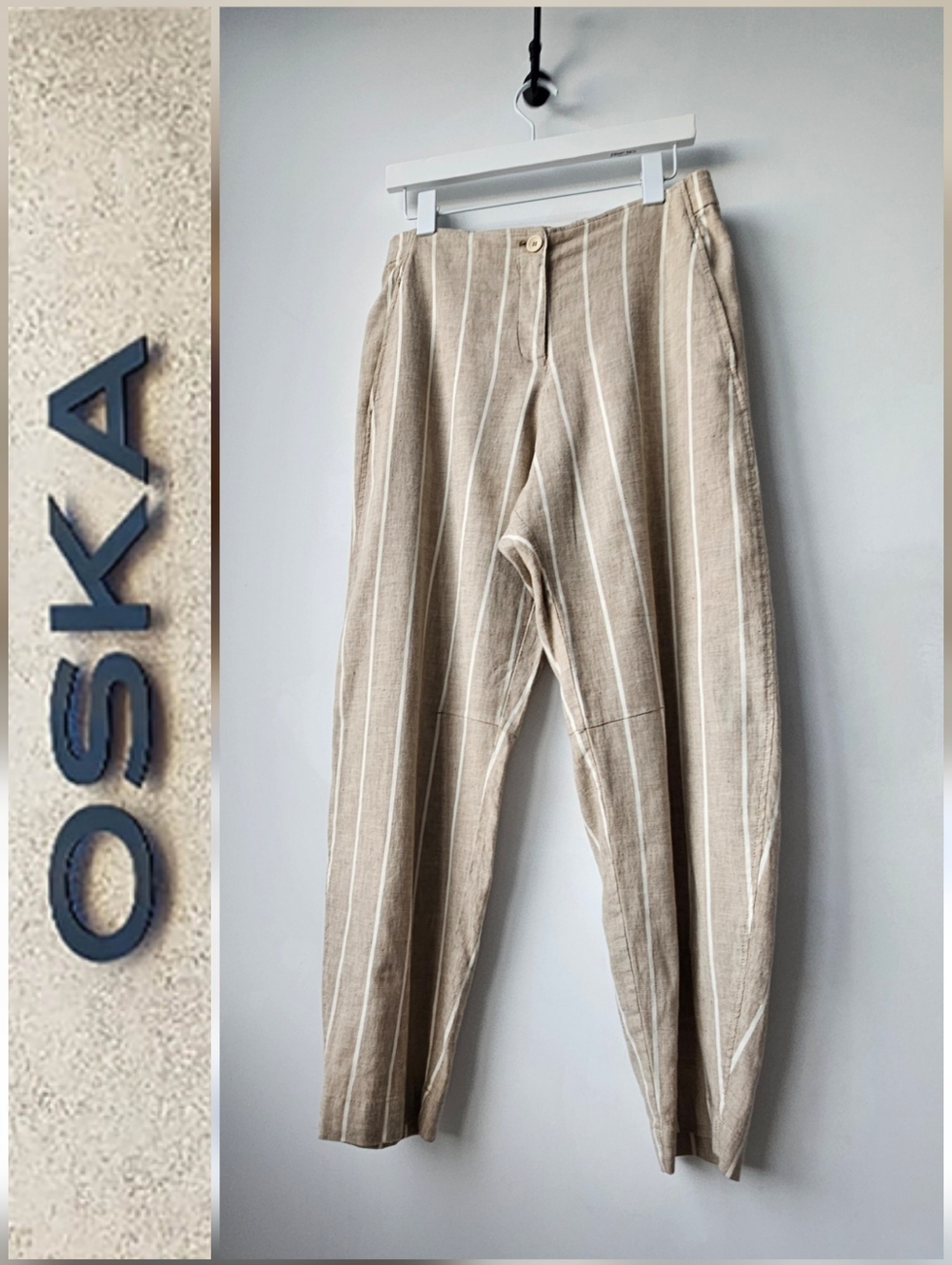 Oska Linen Khaki And White Pinstripe Elastic Waist Barrel Crop Pants